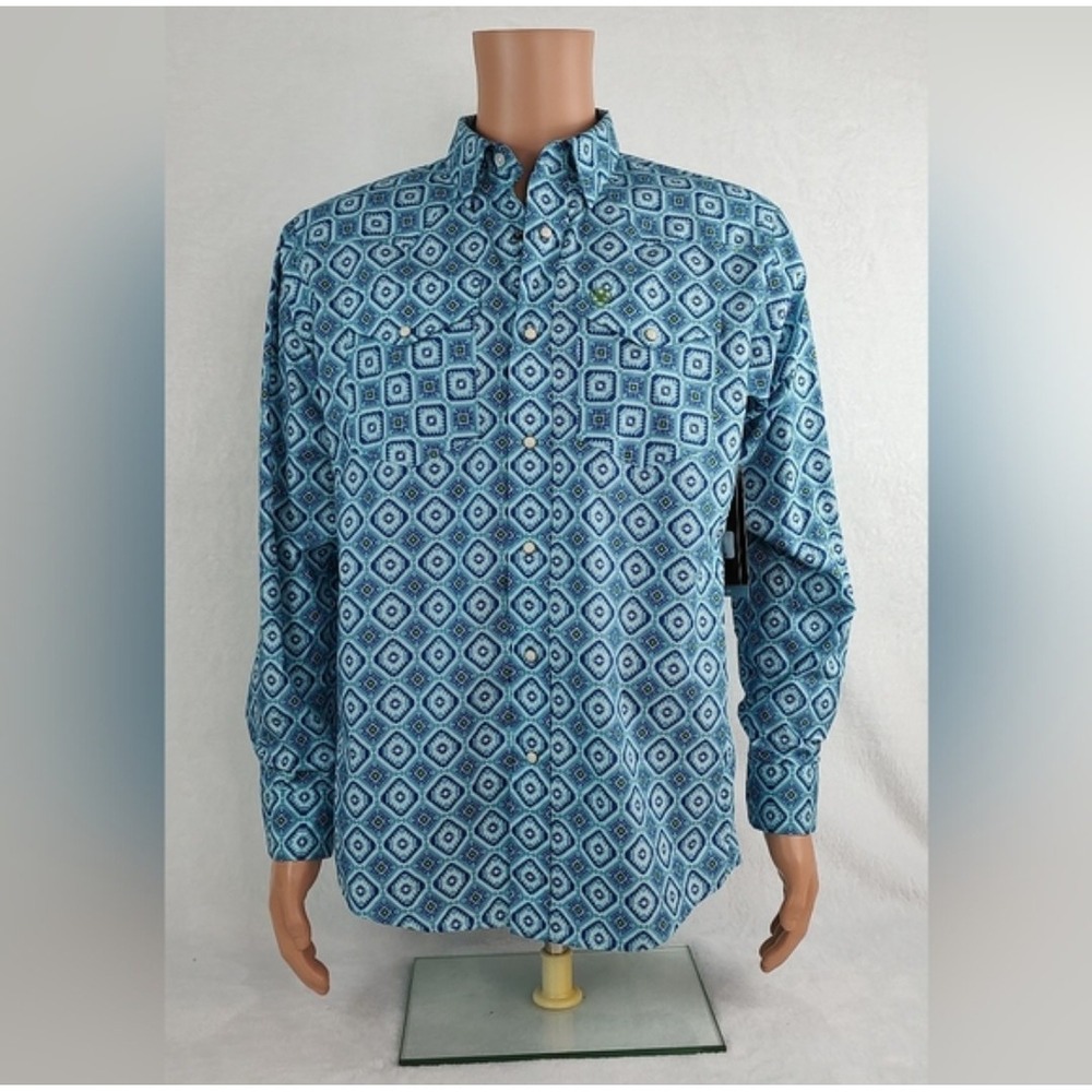 Ariat Mens Western Snap Shirt Blue Geometric Diamond Print Long Sleeve S